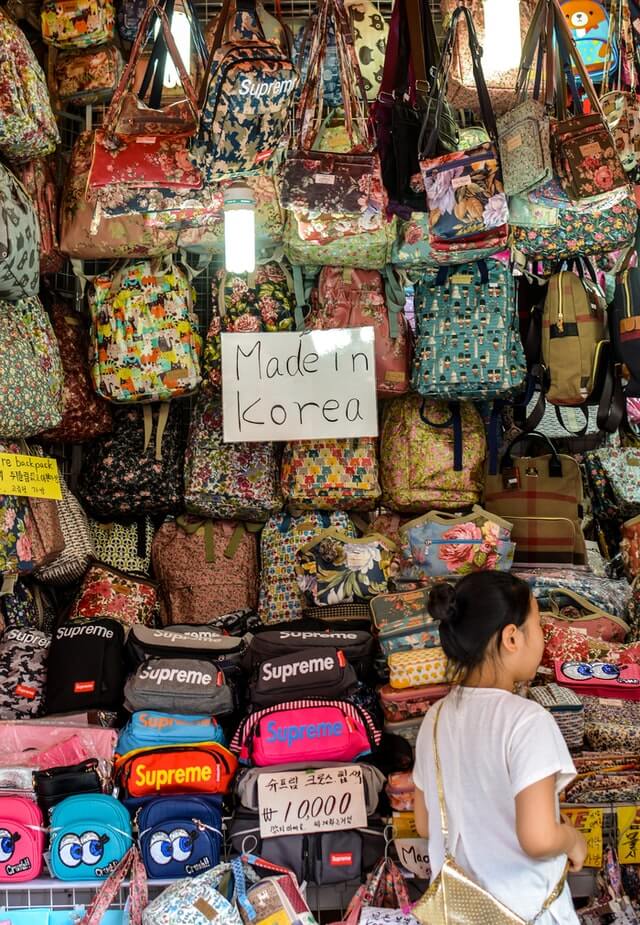 A selection of budget backpacks while shopping in Seoul at cheap markets