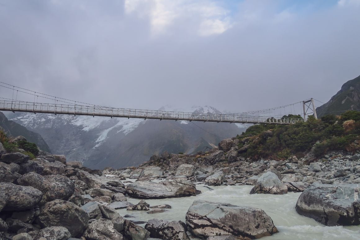 Hooker Valley Track swing bring on a cloudy day. Mount cook, New Zealand