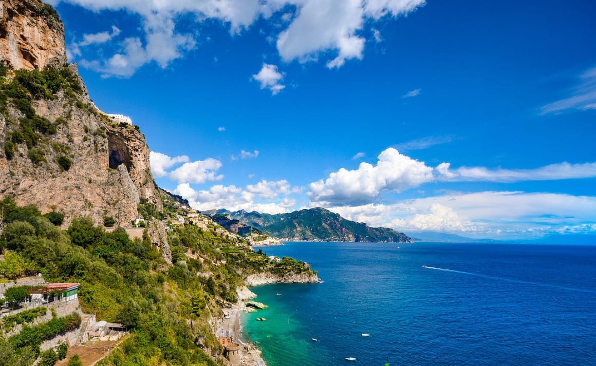 Beautiful view across the ocean and cliffs of the Amalfi Coast