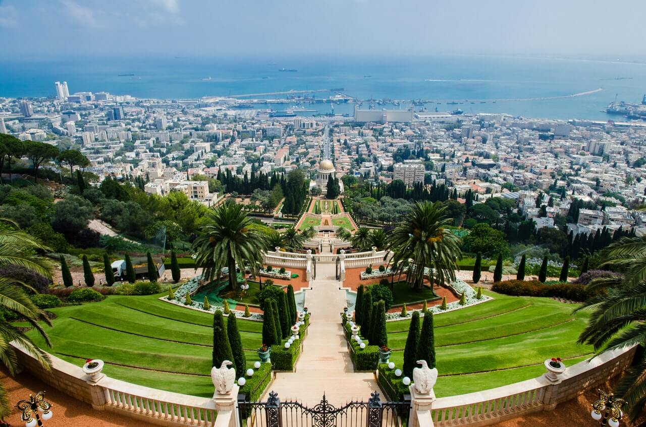 The view of the gardens and Haifa city from the Bahá'í World Centre