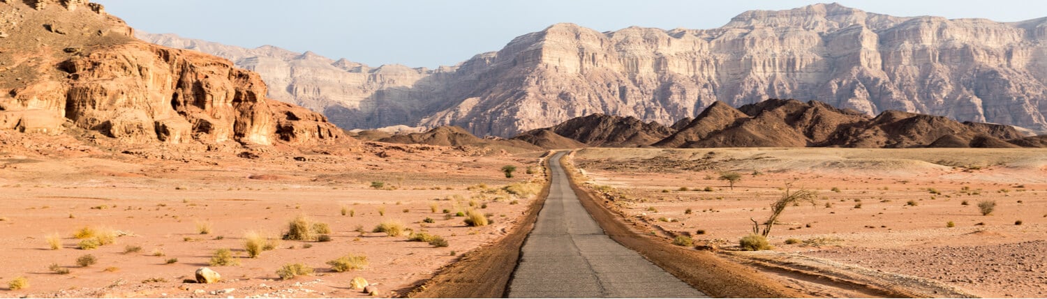 A long road running through the Negev Desert region of Israel