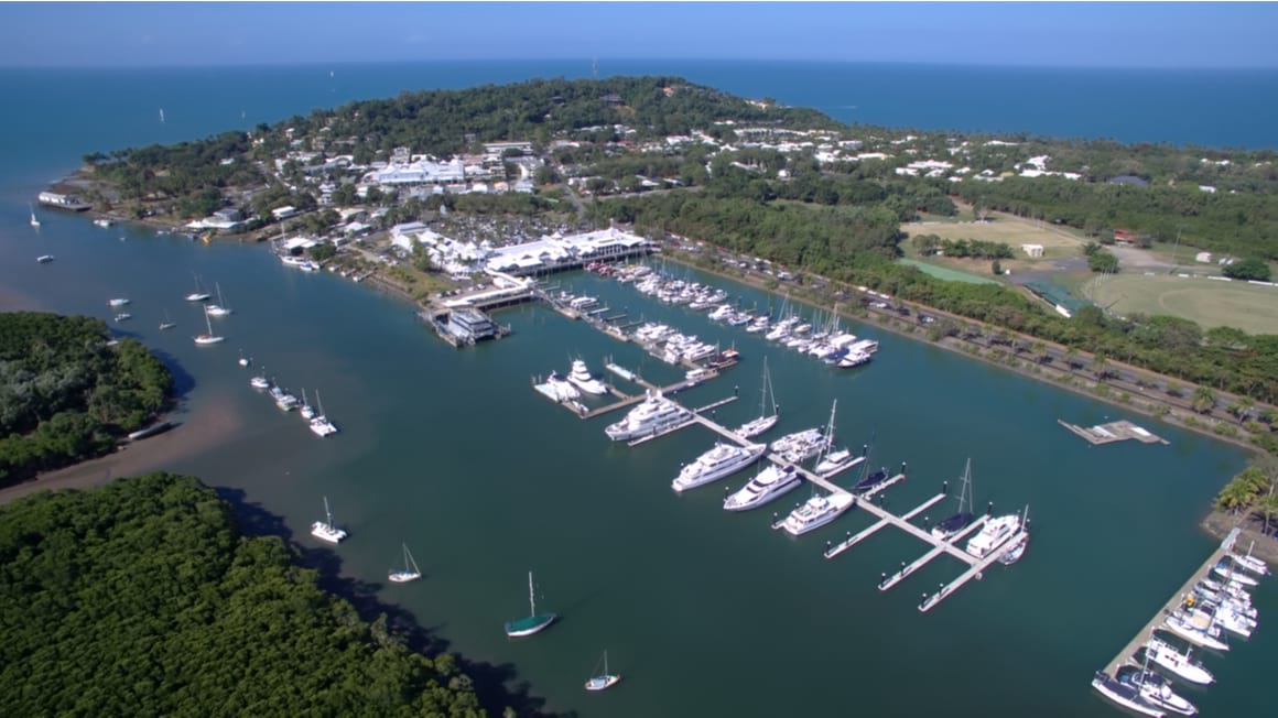 Birds eye view of the Port Douglas Port and towns centre