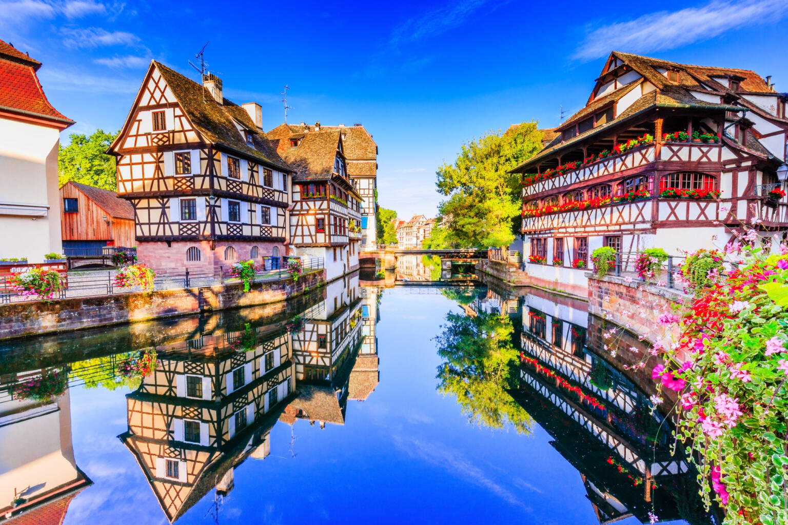 Colorful half-timbered houses by a canal in La Petite France District of Strasbourg, France.