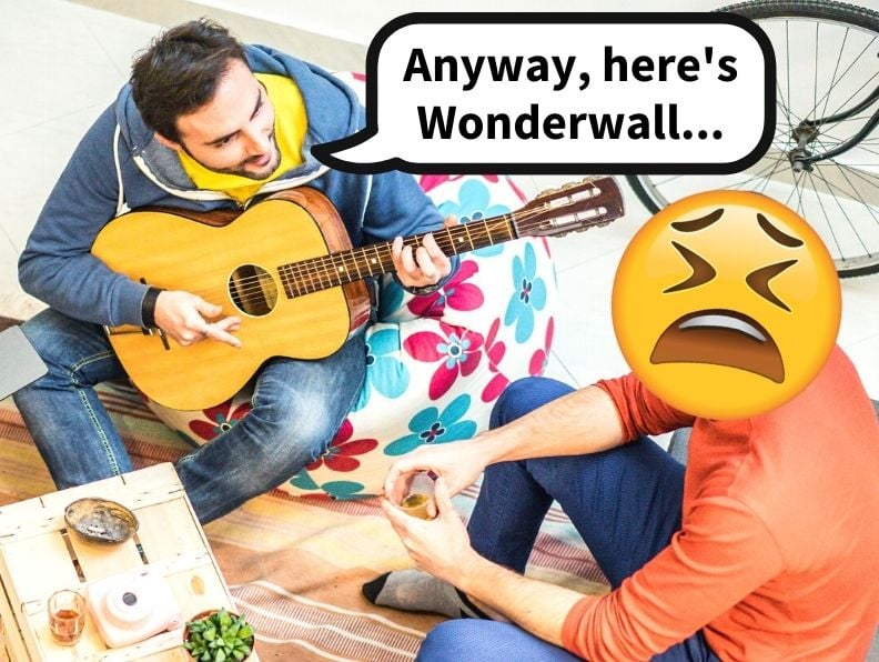 a man unhappily listening to a guitar song with an emoji face