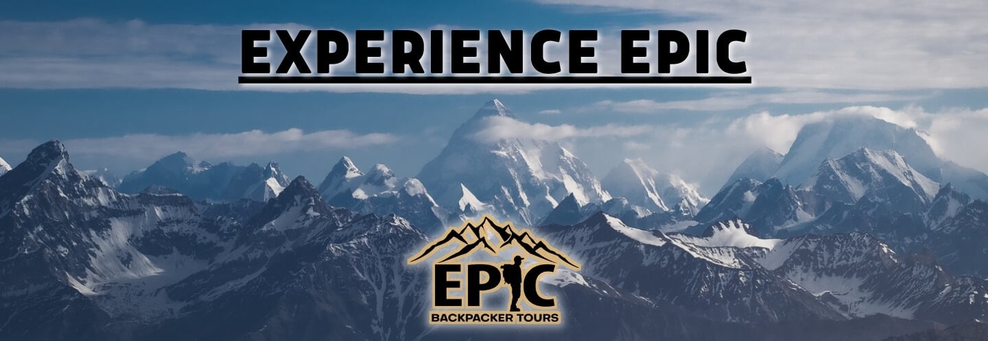 EBT logo and slogan "Experience Epic" over a panorama of a mountain range in Pakistan