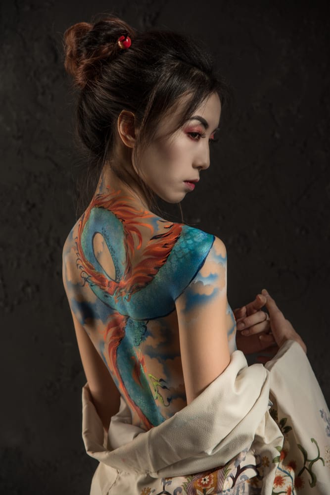 Japanese woman with back tattoo