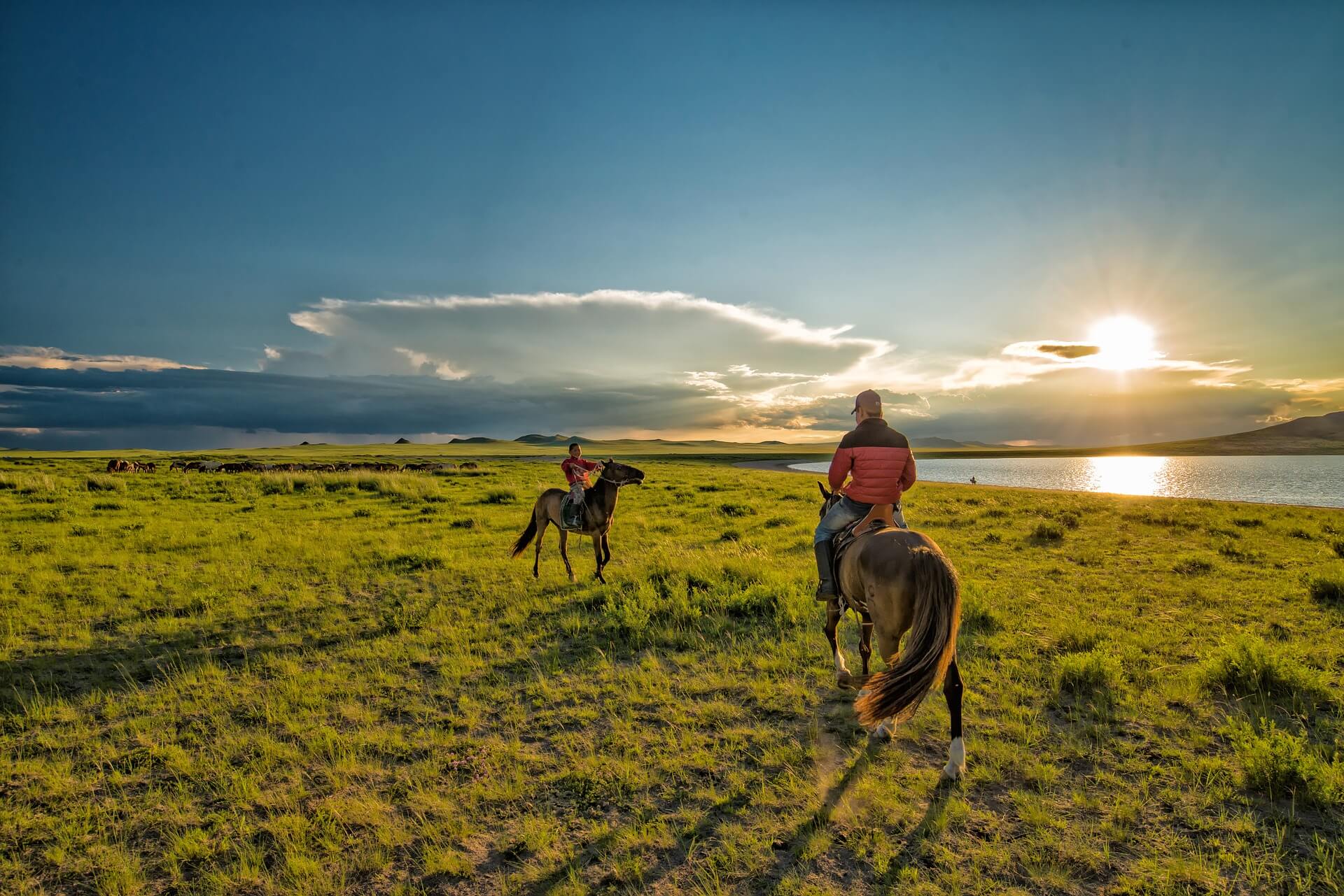 two people riding horses in mongolia