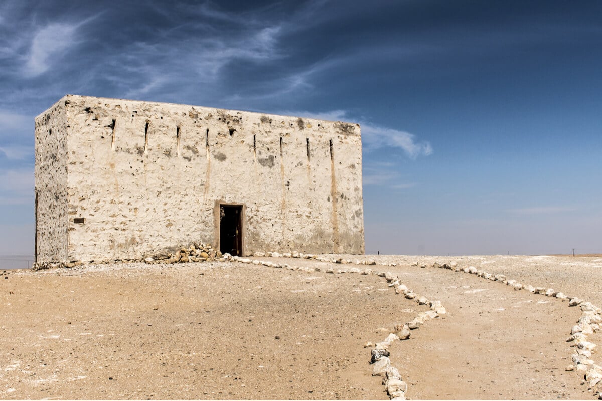 a tan ruin in front of a clear blue sky in oman