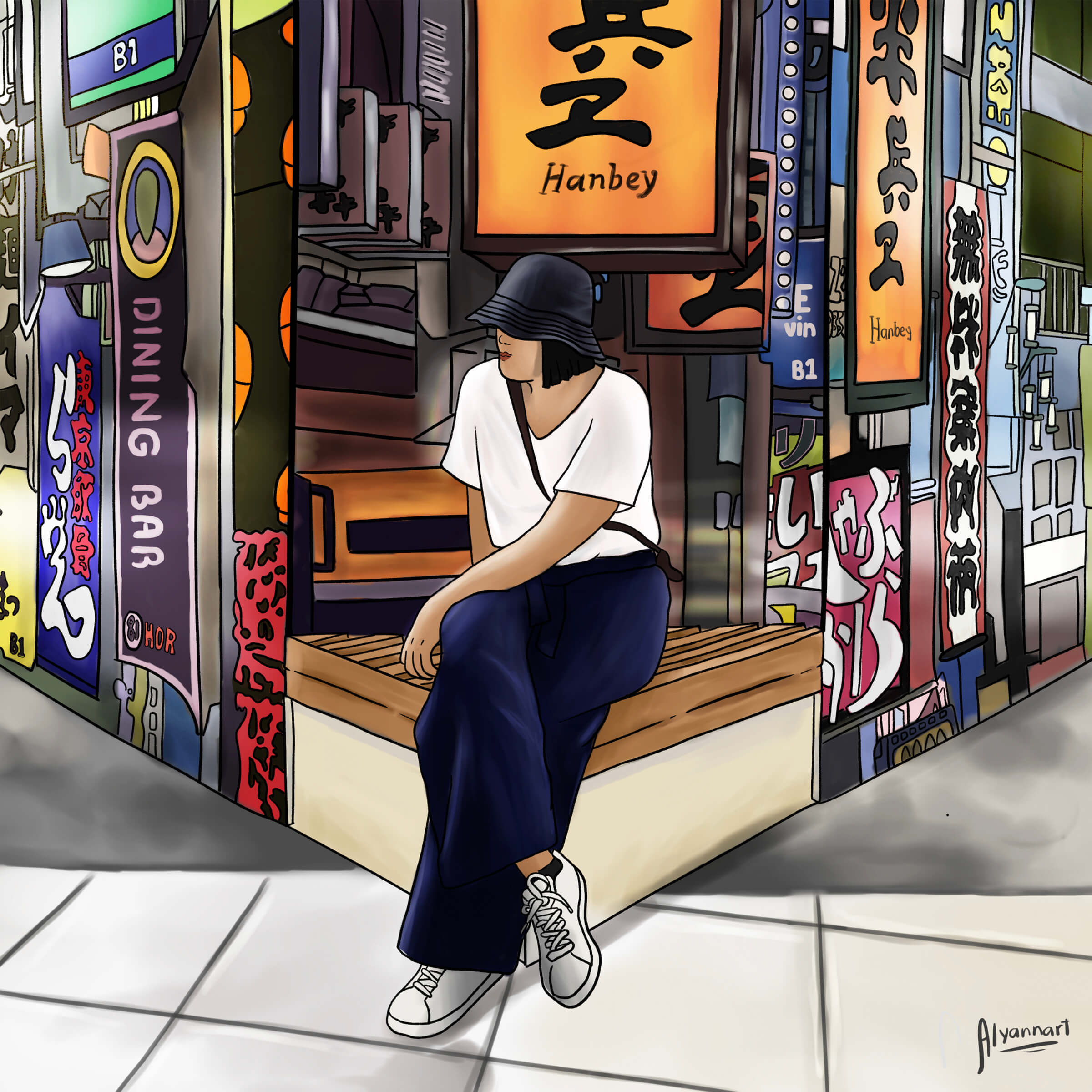 An artist's impression of Rhenz sitting in a Hong Kong street