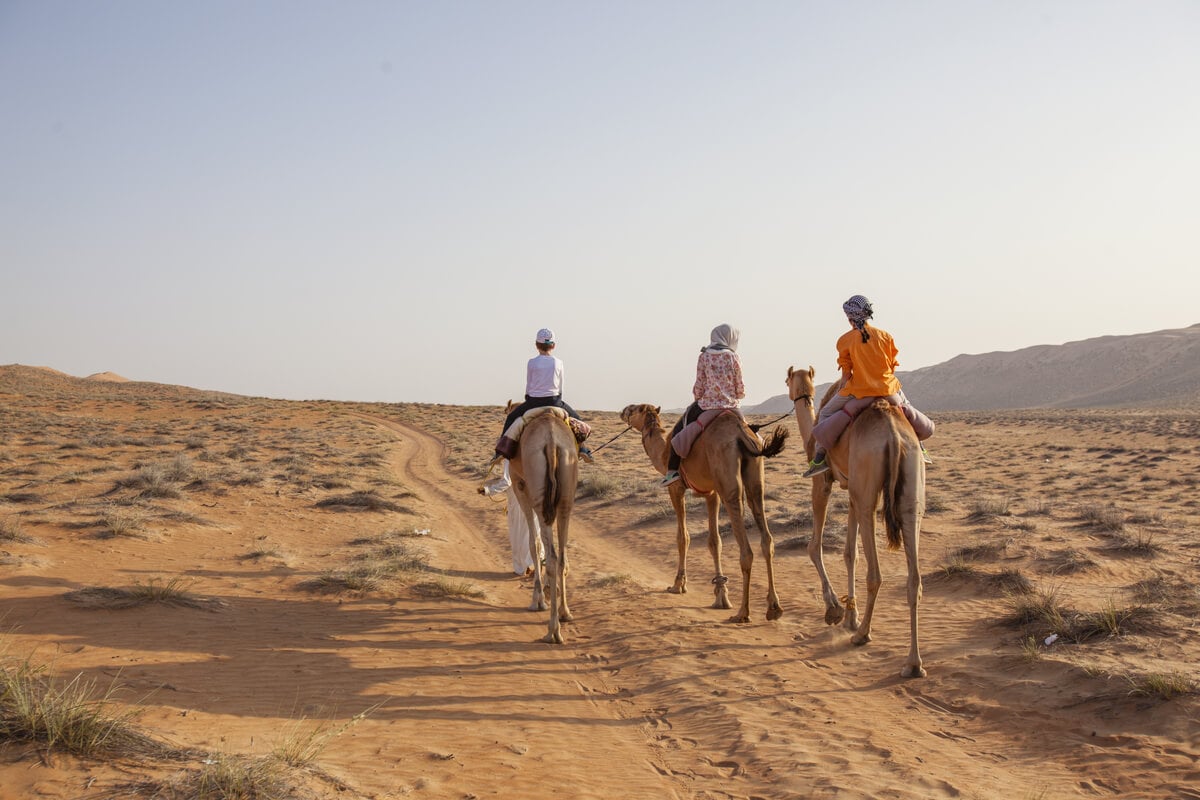 Omani kids on camels go sightseeing in the desert