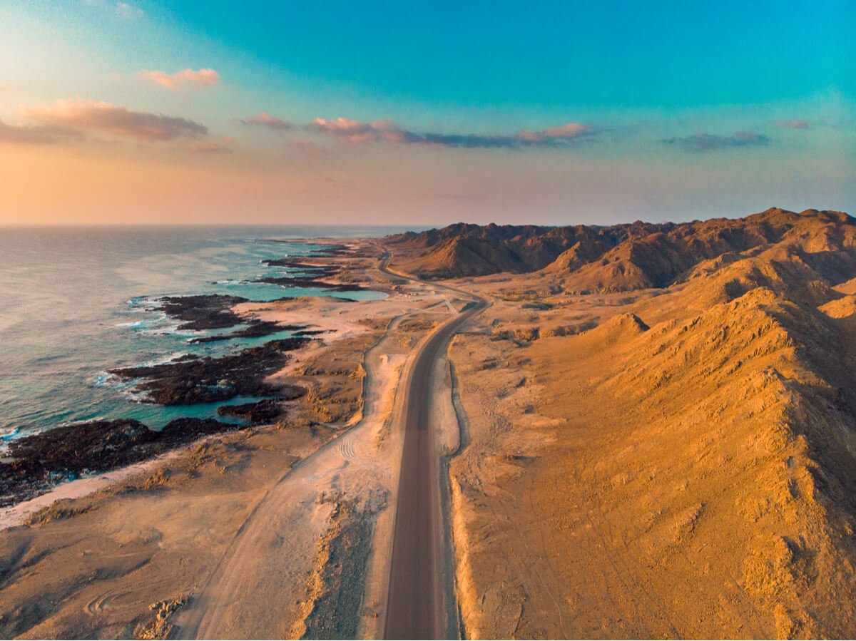 drone view of masirah island at sunset backpacking oman