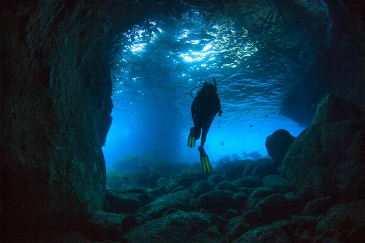 A diver swims through a cave close to the Poor Knights dive site in New Zealand.