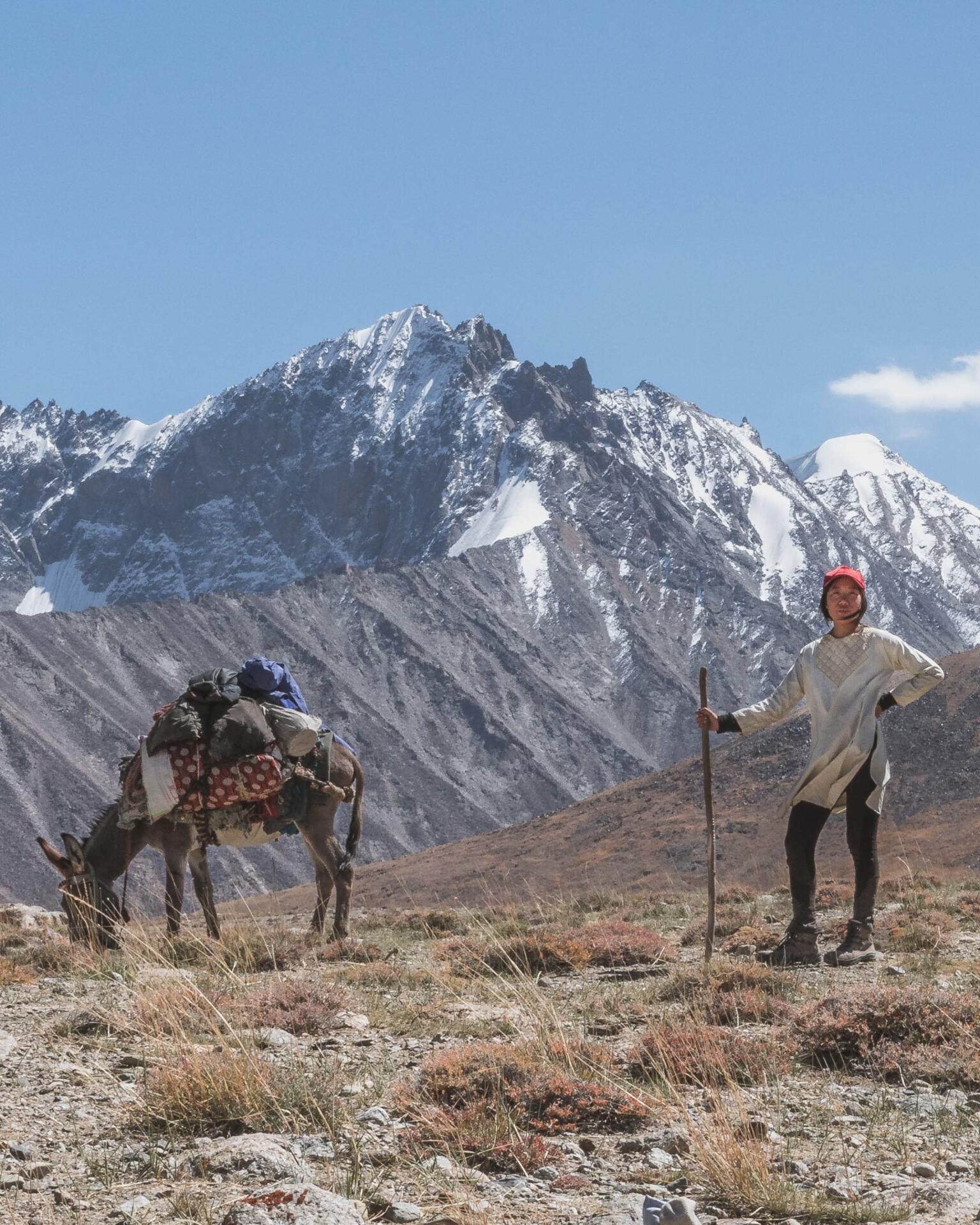 A donkey with stuff strapped to his back eats grass while Marsha and her red cap stand to the side. There are mountains of Afghanistan behind them.