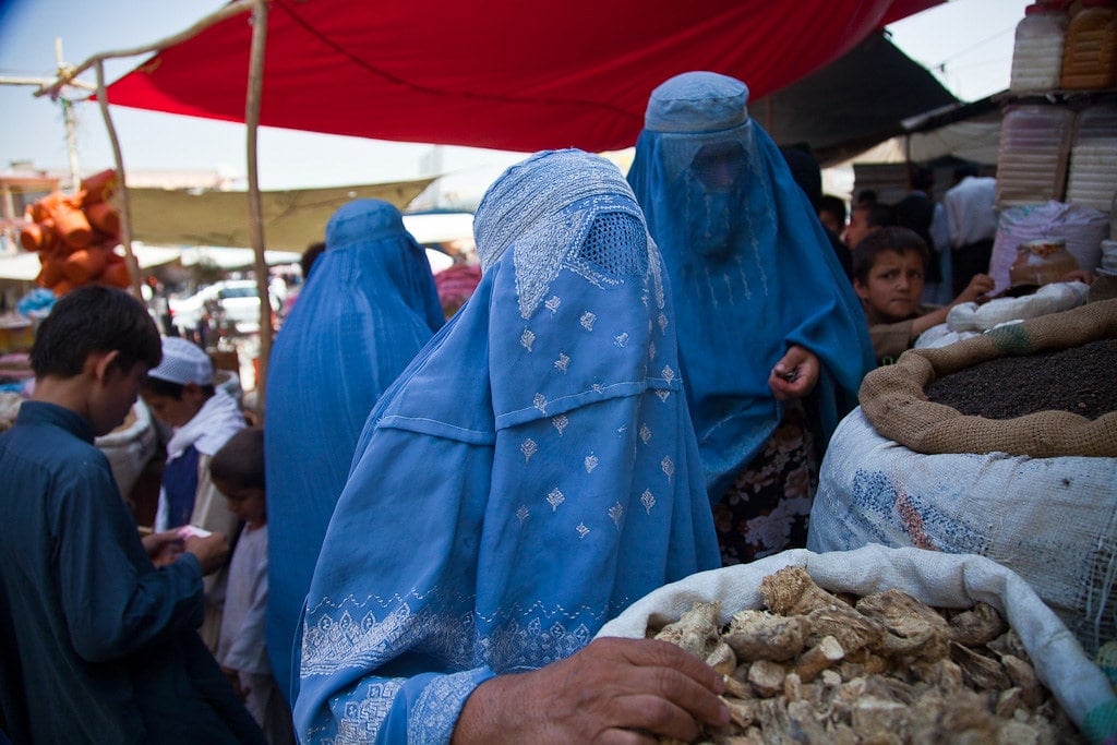 Women wearing the blue burqa in Afghanistan.