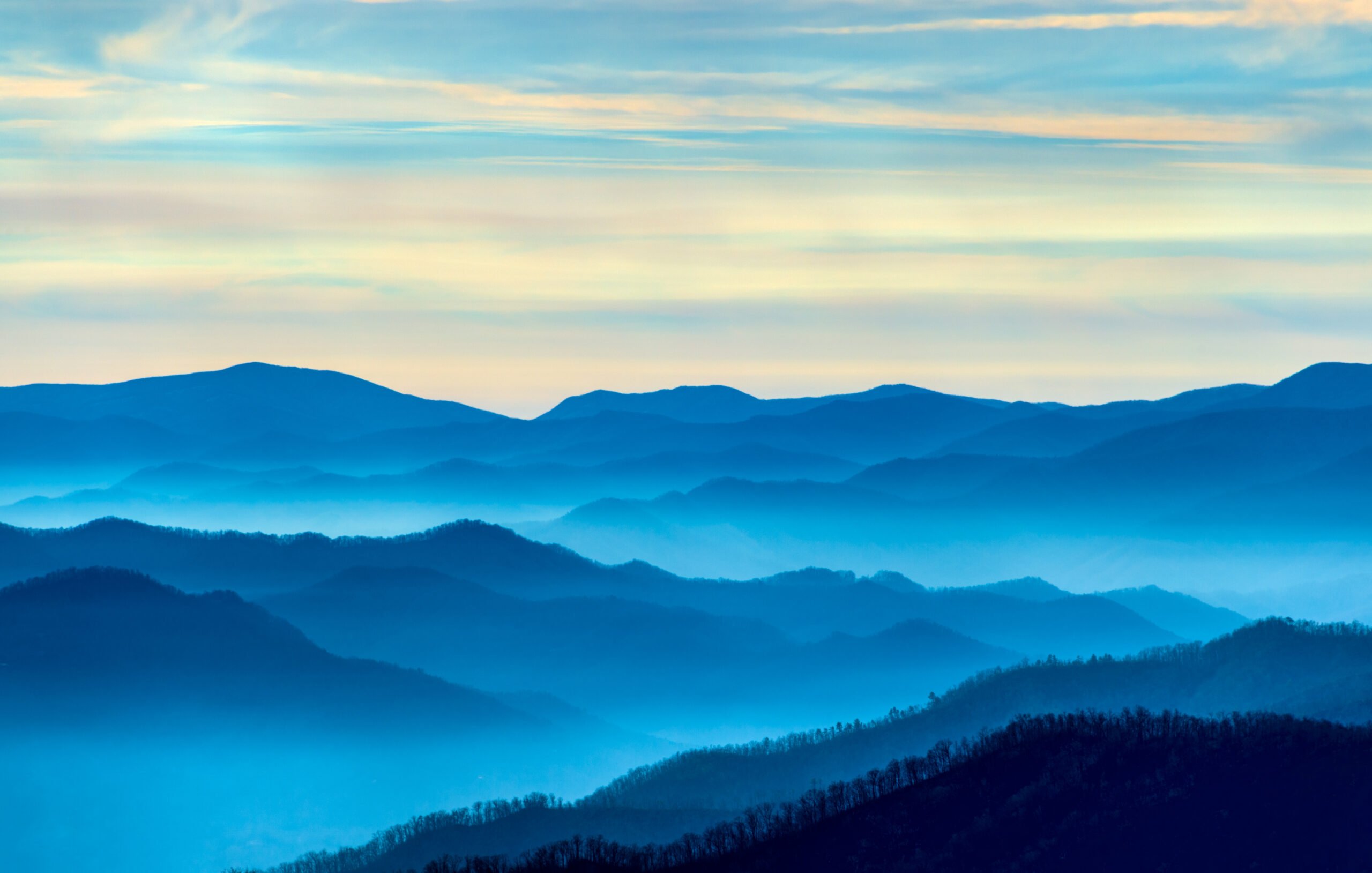 blue hills of smoky mountains national park at sunset