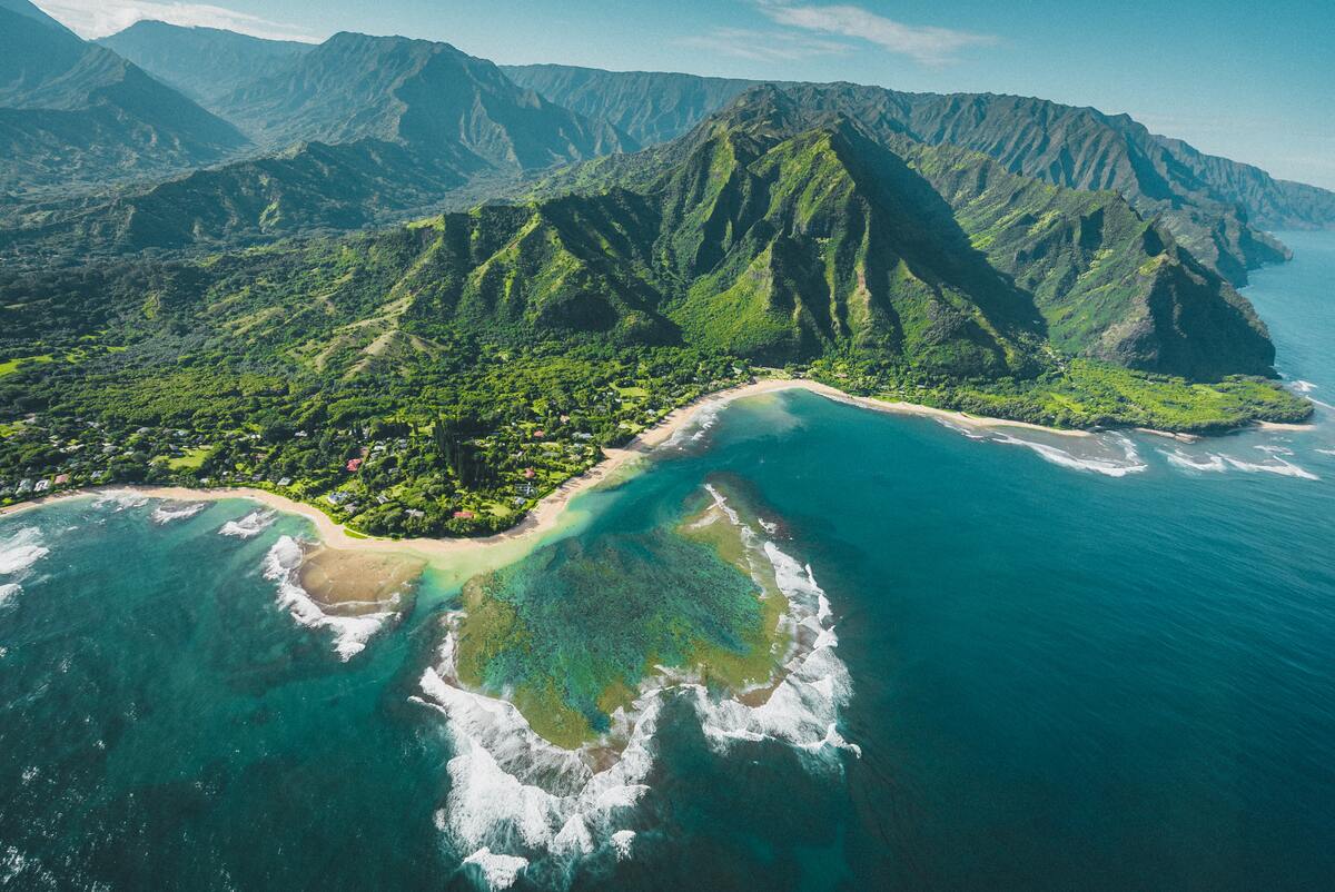 Kauai Hawaii birds eye view over mountains and the sea