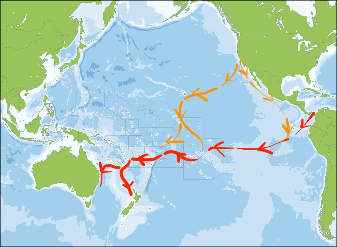 map of the pacific ocean showing east to west sailing routes