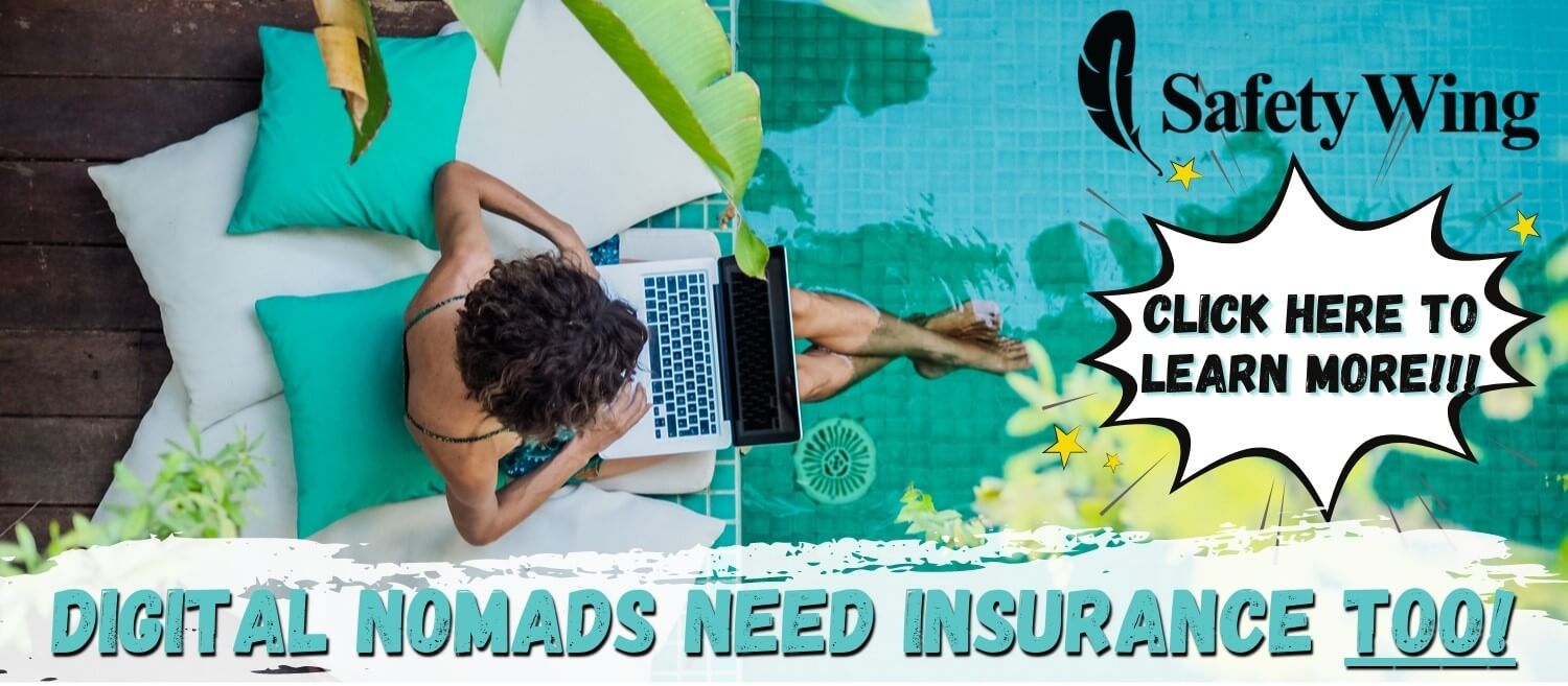 graphic image promoting SafetyWing insurance for digital nomads with girl sitting by the pool with laptop