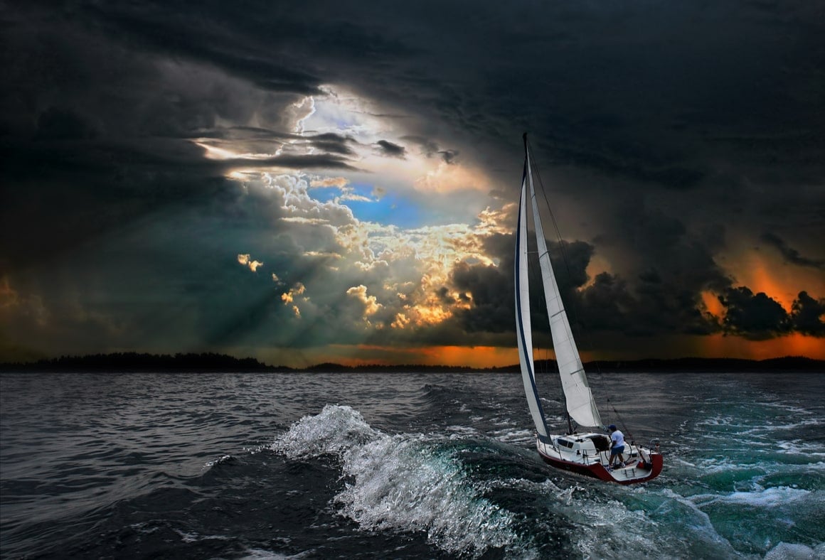 A sailboat in a storm in the Pacific