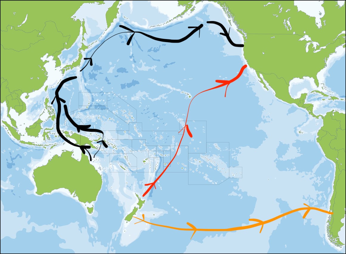 map showing possible west to east sailing routes across the pacific ocean