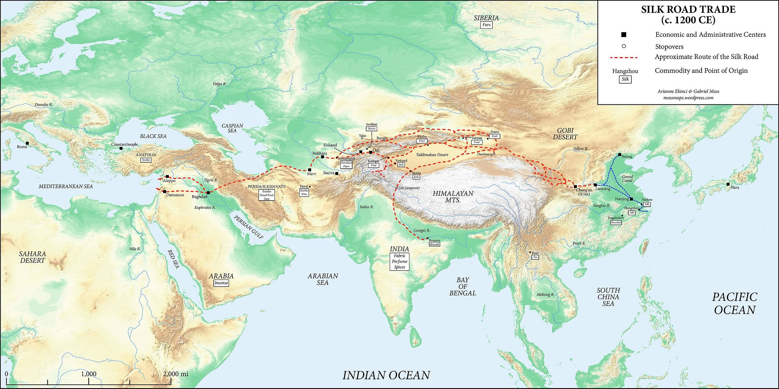 A map od the Silk Road circa 1200 CE.