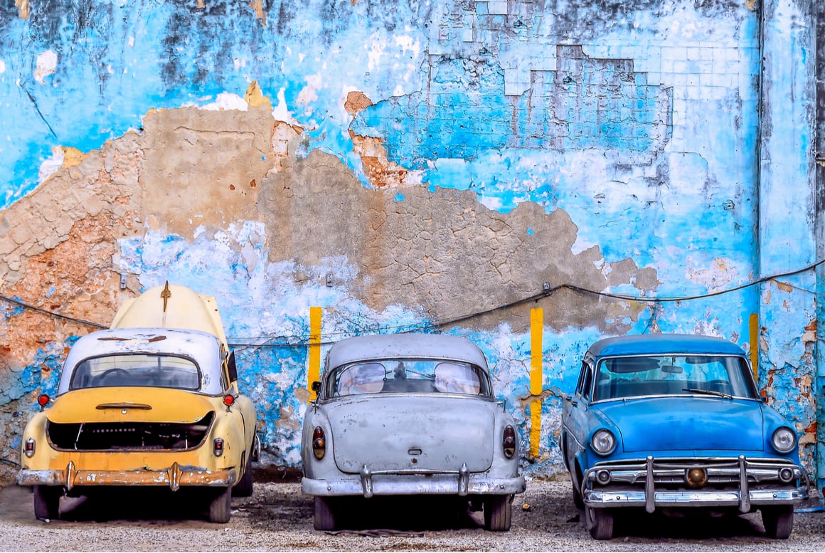 Three vintage cars in Cuba