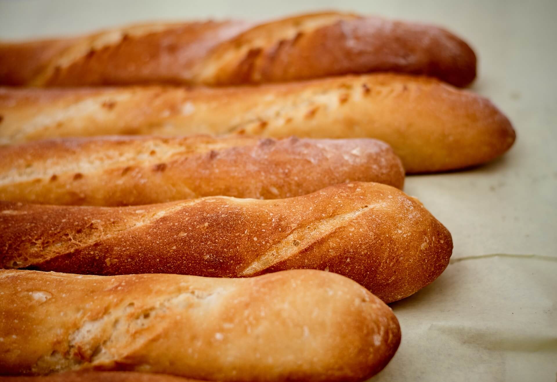 A row of delicious baguettes in a restaurant in French Polynesia.