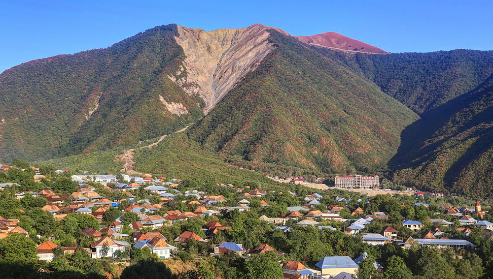 Sheki in Azerbaijan and mountain on the background