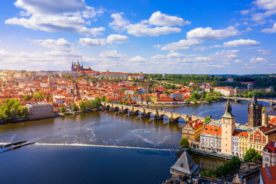 Old Town and Charles Bridge over Vltava river in Prague