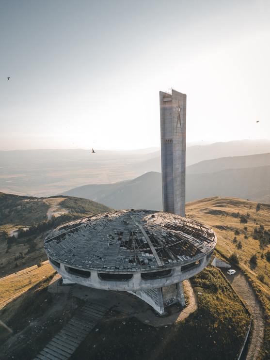 aerial view of ufo shaped Buzludzha monument