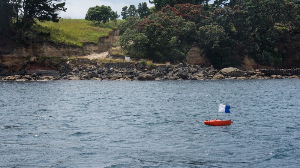 A dive float and flag are on the surface of the water. 