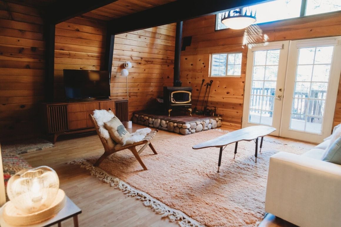 A-Frame Cabin near Snow Summit Big Bear, warm sunlit room with fireplace