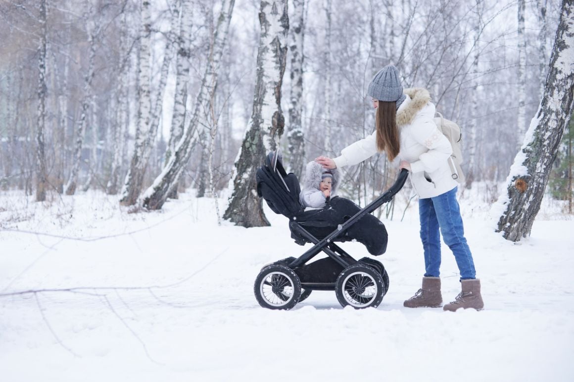 Young,Beautiful,Mother,Walking,With,Her,Child,In,Stroller,In