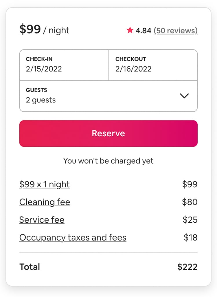 screenshot of airbnb checkout with fees
