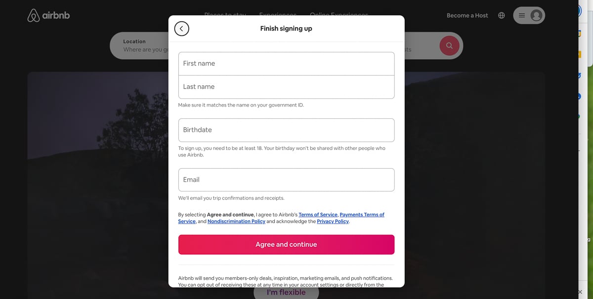 screenshot of airbnb sign up form