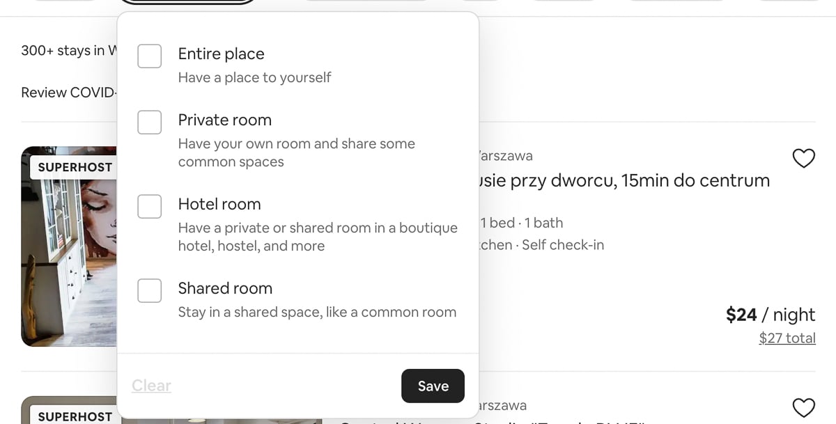 screenshot of type of place options when reserving airbnb
