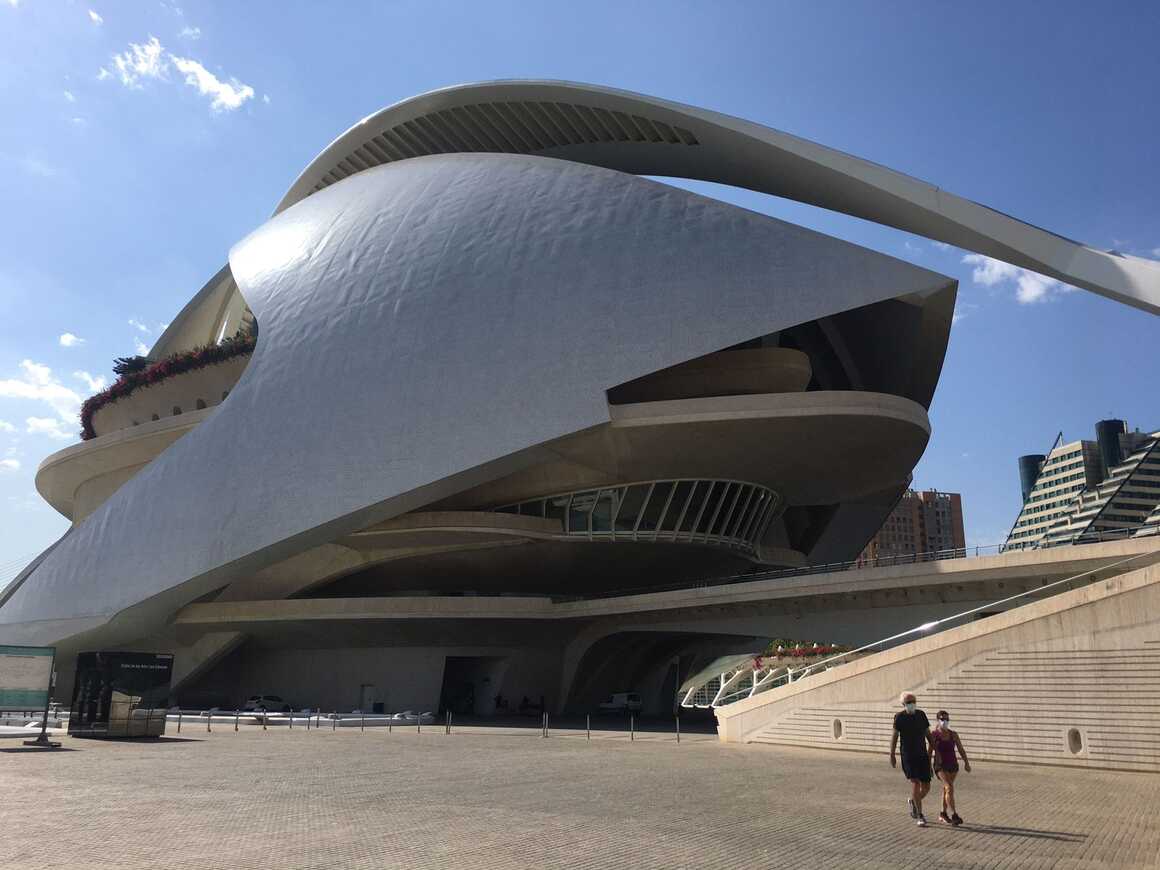 Modern museum at Ciudad de las Artes in Valencia on a sunny day.