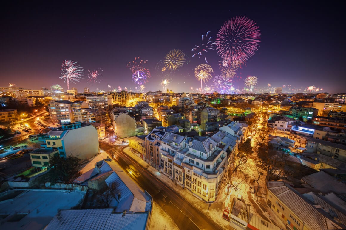 fireworks over old town varna in bulgarian seaside
