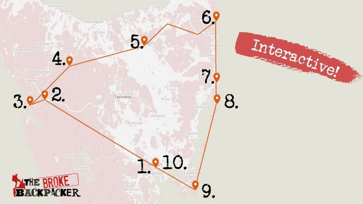 Map of a 10-day travel itinerary for Tasmania