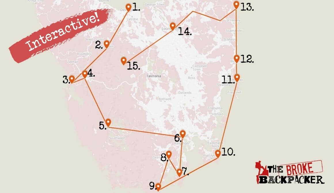 Map of 21-day travel itinerary for Tasmania