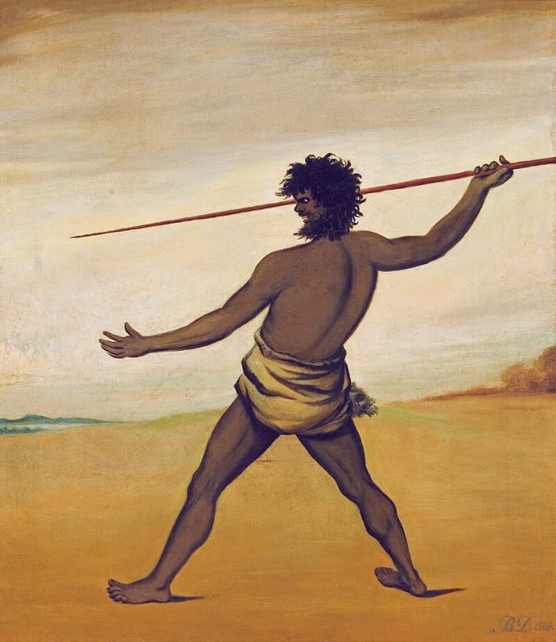 A painting of an Aboriginal man throwing a spear dating back to the 1800s