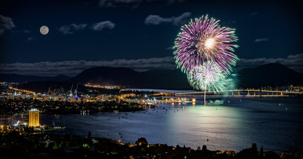 Fireworks over Hobart's waterfront at night