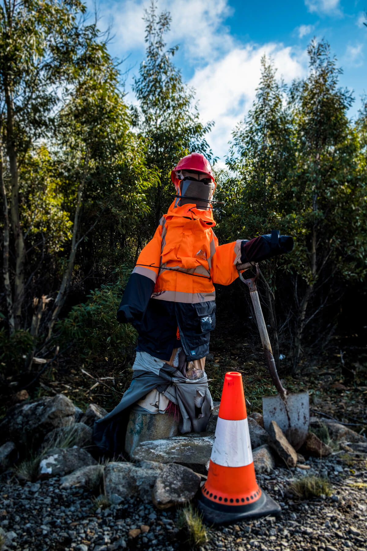 A fake roadside traffic controller photographed near the Great Lake in Tasmania