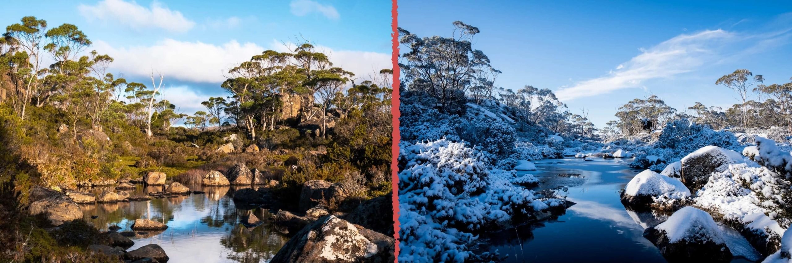 A side-by-side comparison photo of the summer and winter seasons in The Walls of Jerusalem National Park