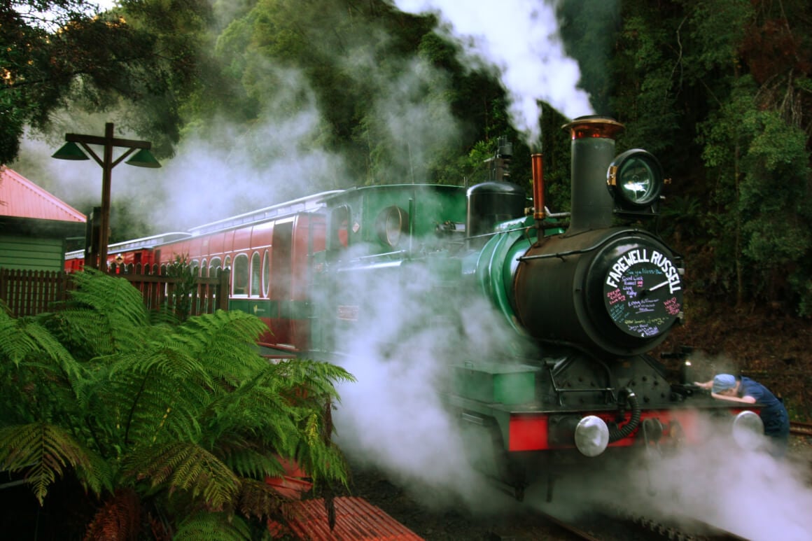 The West Coast Wilderness Railway steaming out of the rainforest.