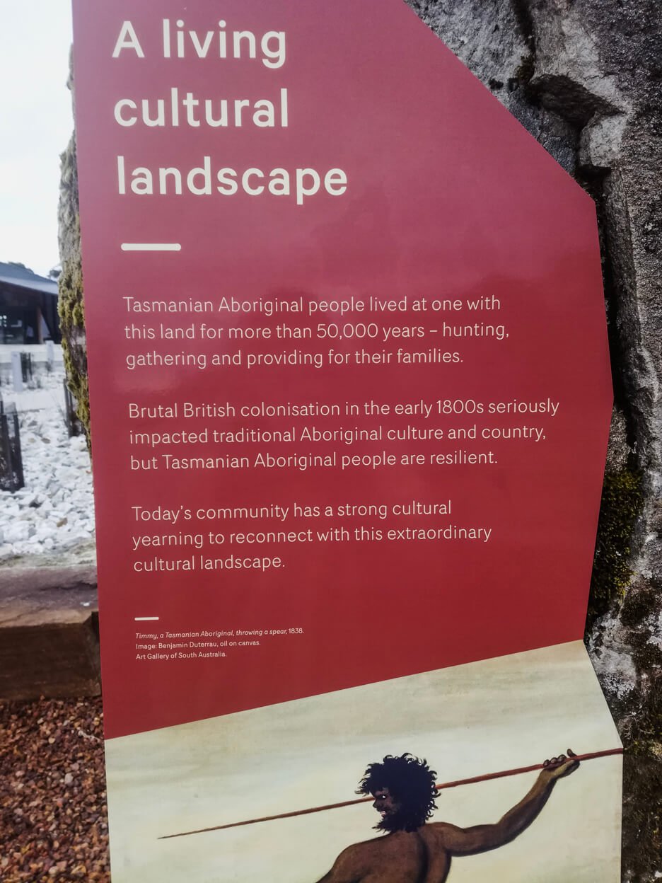 An information sign at the Cradle Mountain carpark on the history of the Tasmanian Aboriginal Peoples