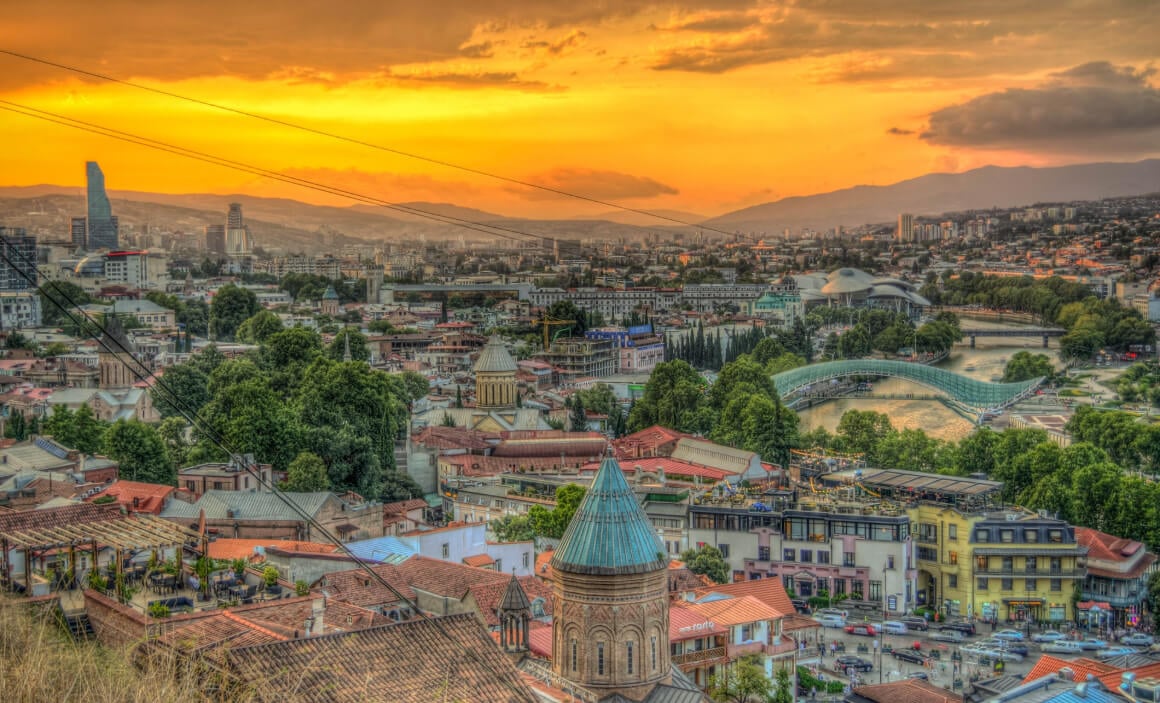 aerial view of Tbilisi old town at sunset