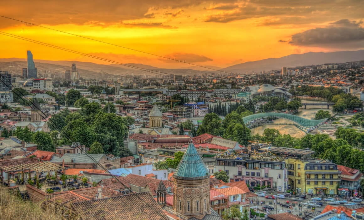 aerial view of Tbilisi old town at sunset