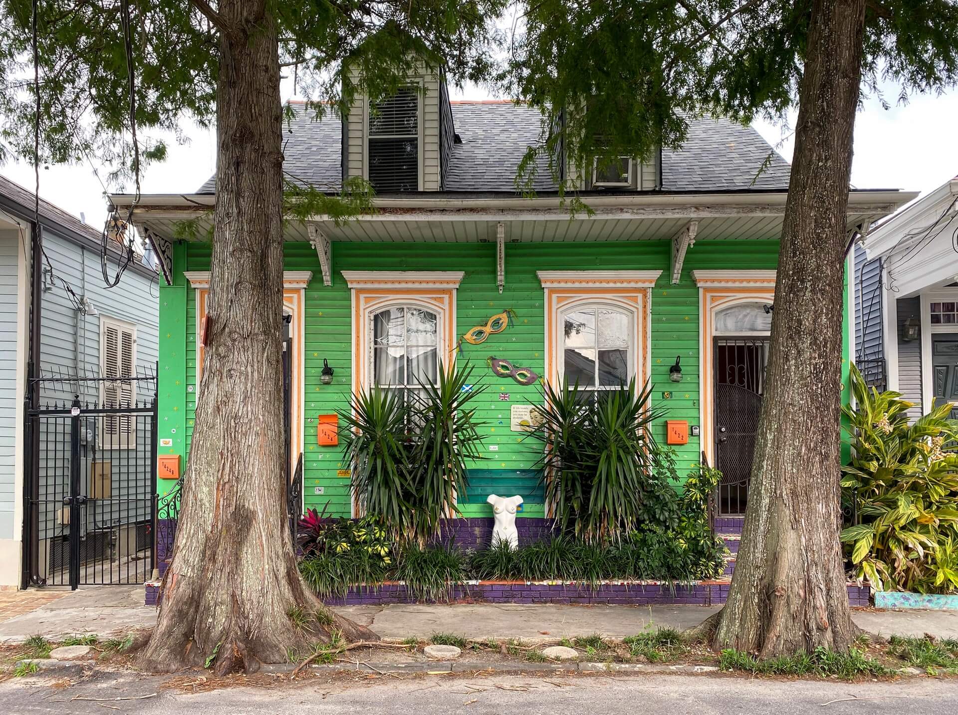 green decorated house behind two massive trees in new orleans