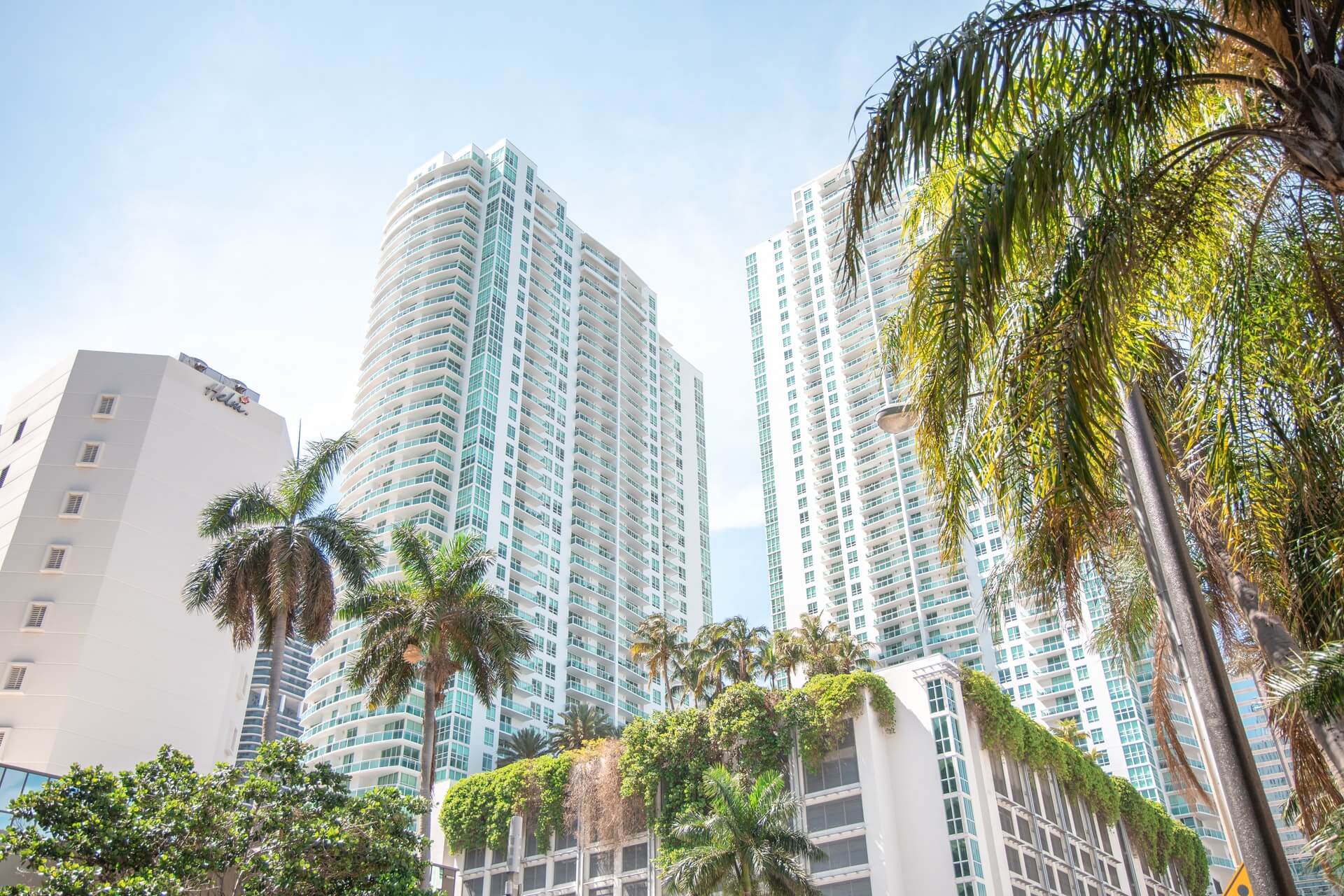 highrise white buildings with green windows with palm trees miami travel guide